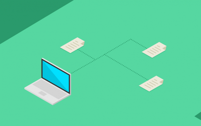 Illustration of documents connecting to a laptop